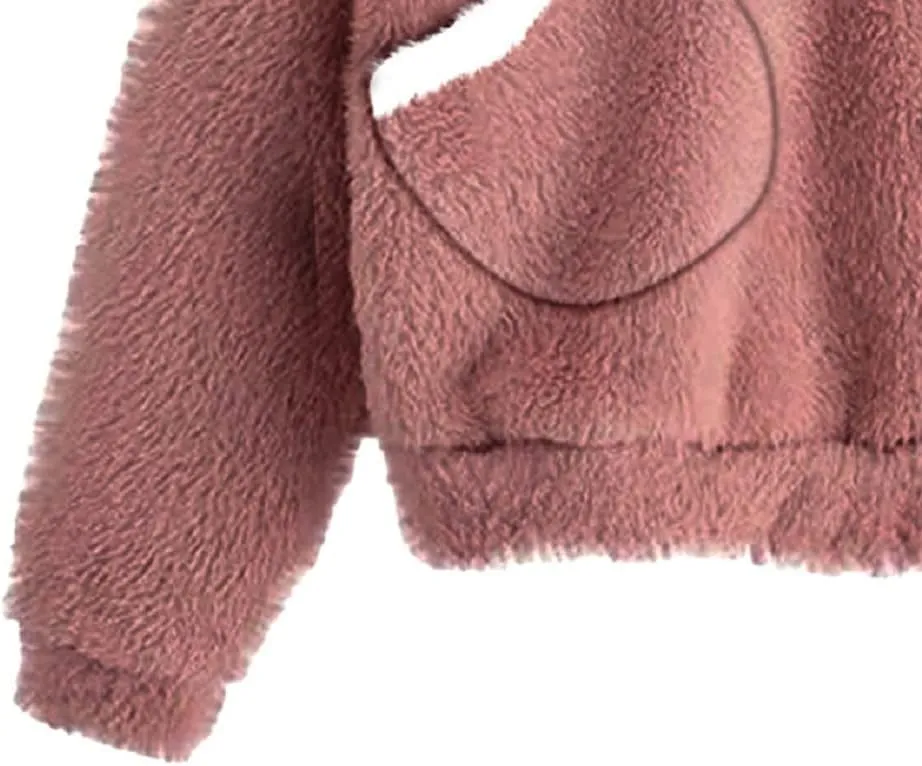CORIRESHA Women's Cute Teddy Bear Ears Fleece Hoodie Sweatshirt Long Sleeve Warm Plush Pullover Top with Pockets