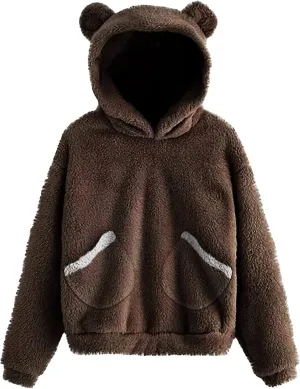 CORIRESHA Women's Cute Teddy Bear Ears Fleece Hoodie Sweatshirt Long Sleeve Warm Plush Pullover Top with Pockets