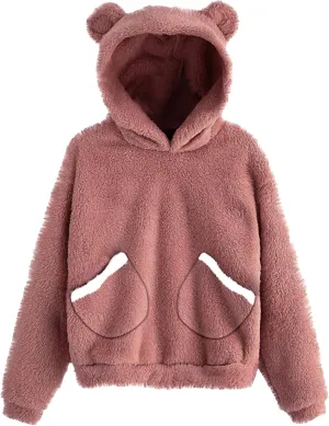 CORIRESHA Women's Cute Teddy Bear Ears Fleece Hoodie Sweatshirt Long Sleeve Warm Plush Pullover Top with Pockets