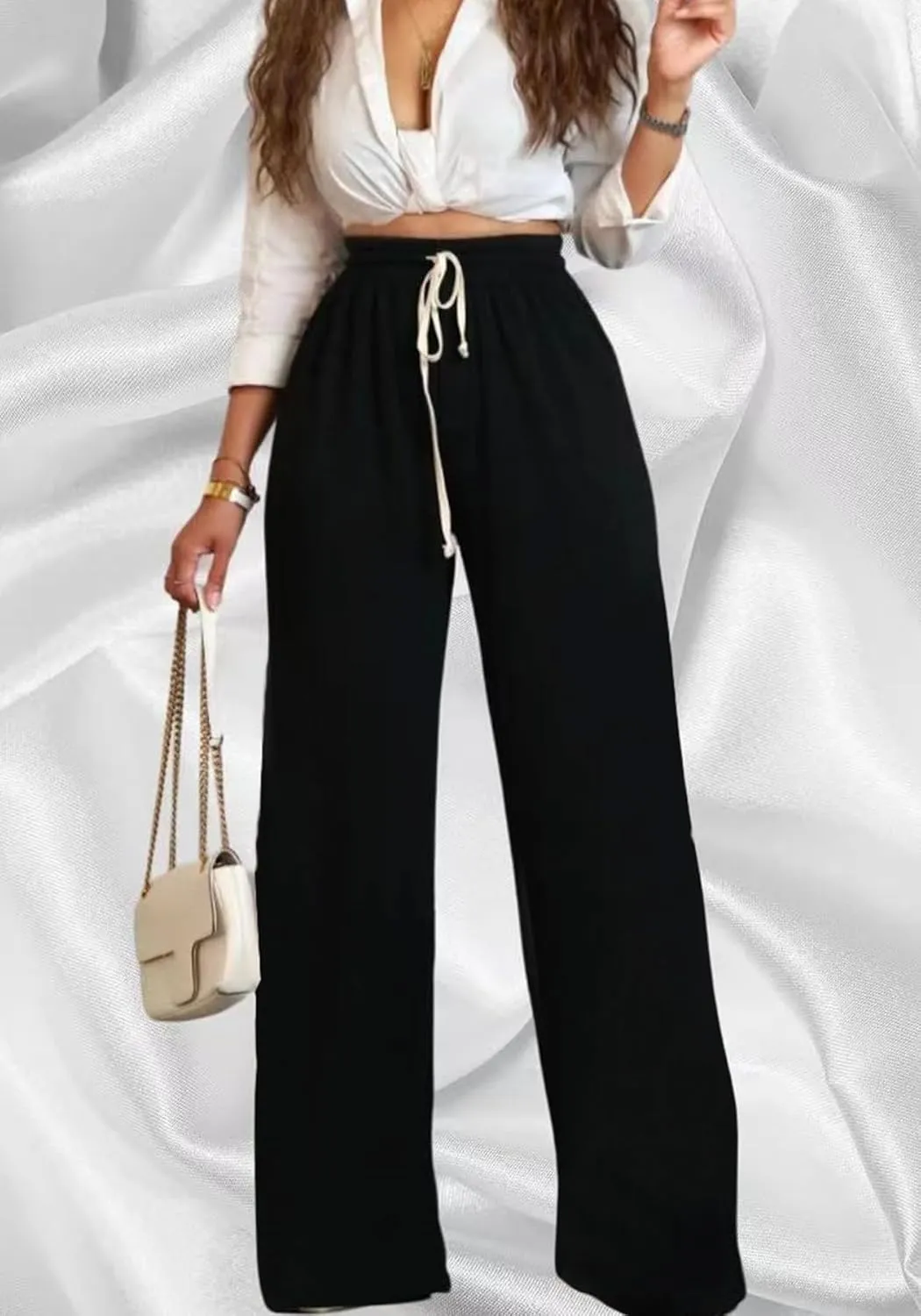 DINGANG High Waisted Casual Sweatpants Women Loose Wide Leg Elastic Waist Drawstring Cargo Striped Sweat Pants