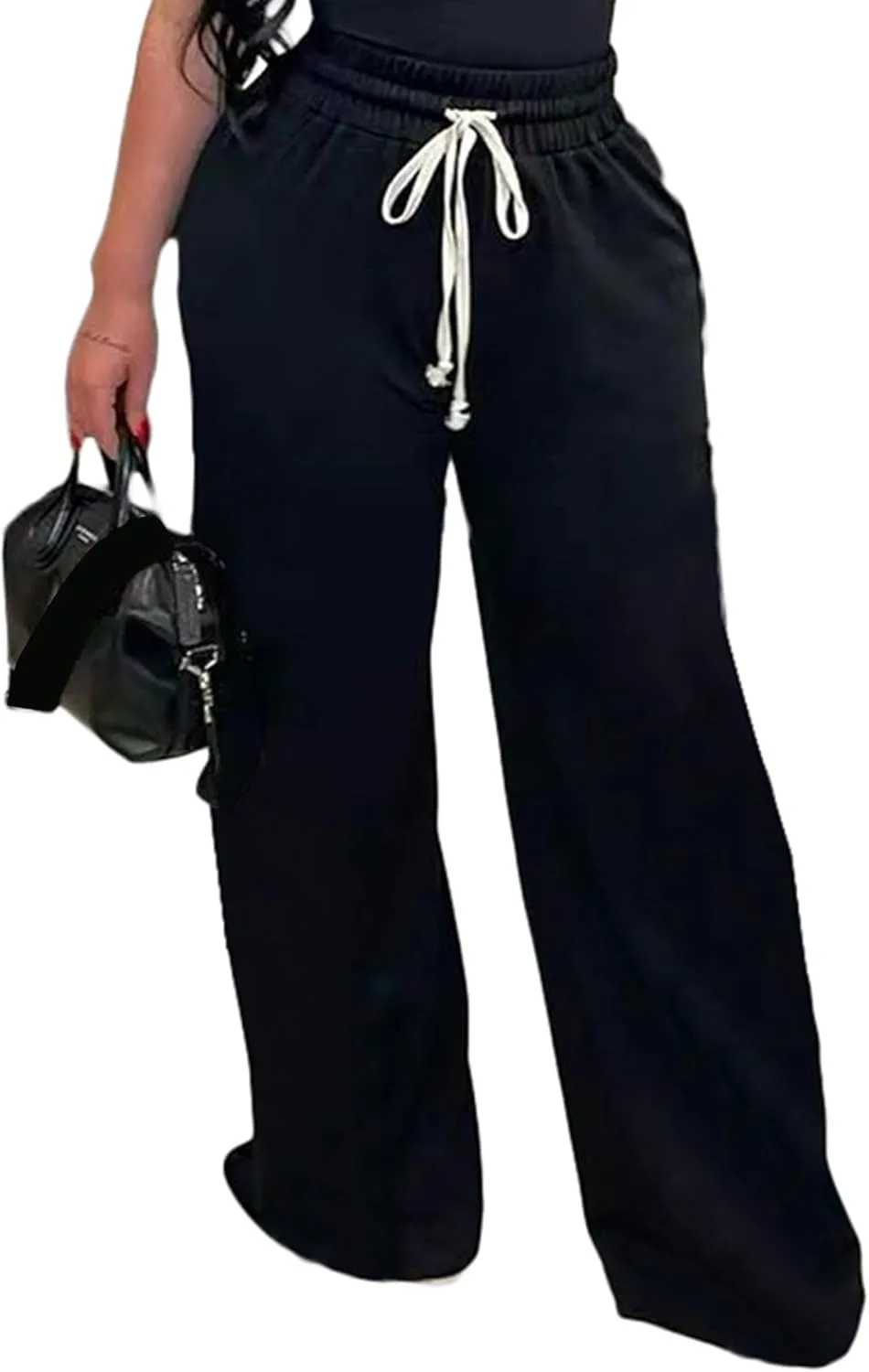 DINGANG High Waisted Casual Sweatpants Women Loose Wide Leg Elastic Waist Drawstring Cargo Striped Sweat Pants