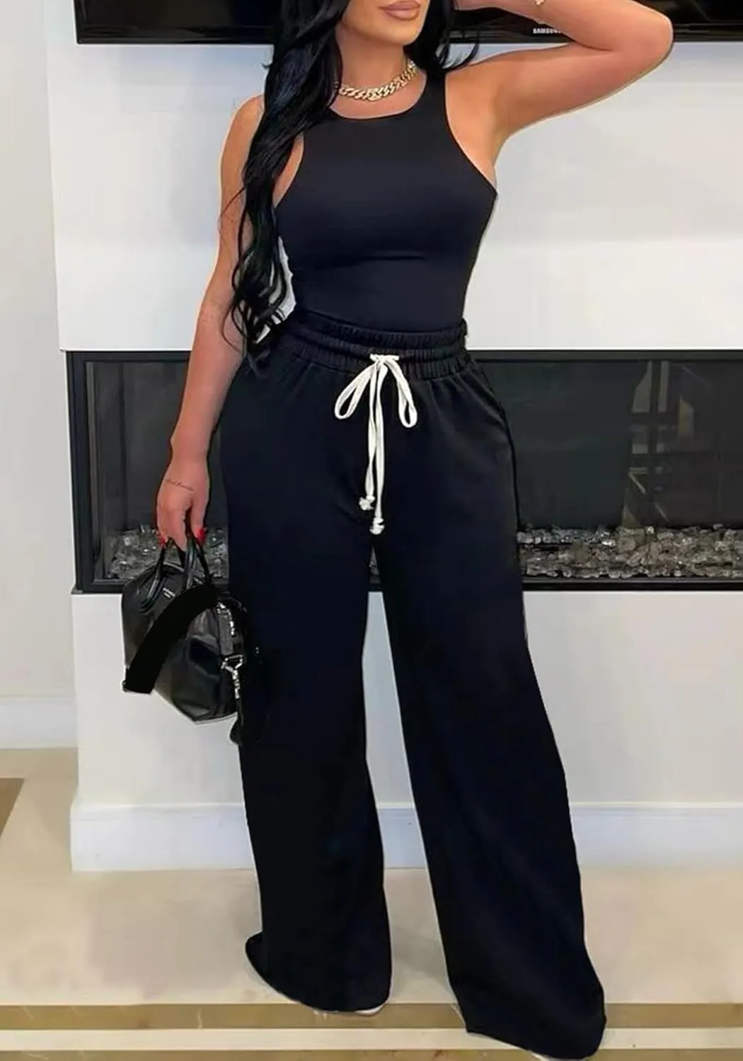 DINGANG High Waisted Casual Sweatpants Women Loose Wide Leg Elastic Waist Drawstring Cargo Striped Sweat Pants