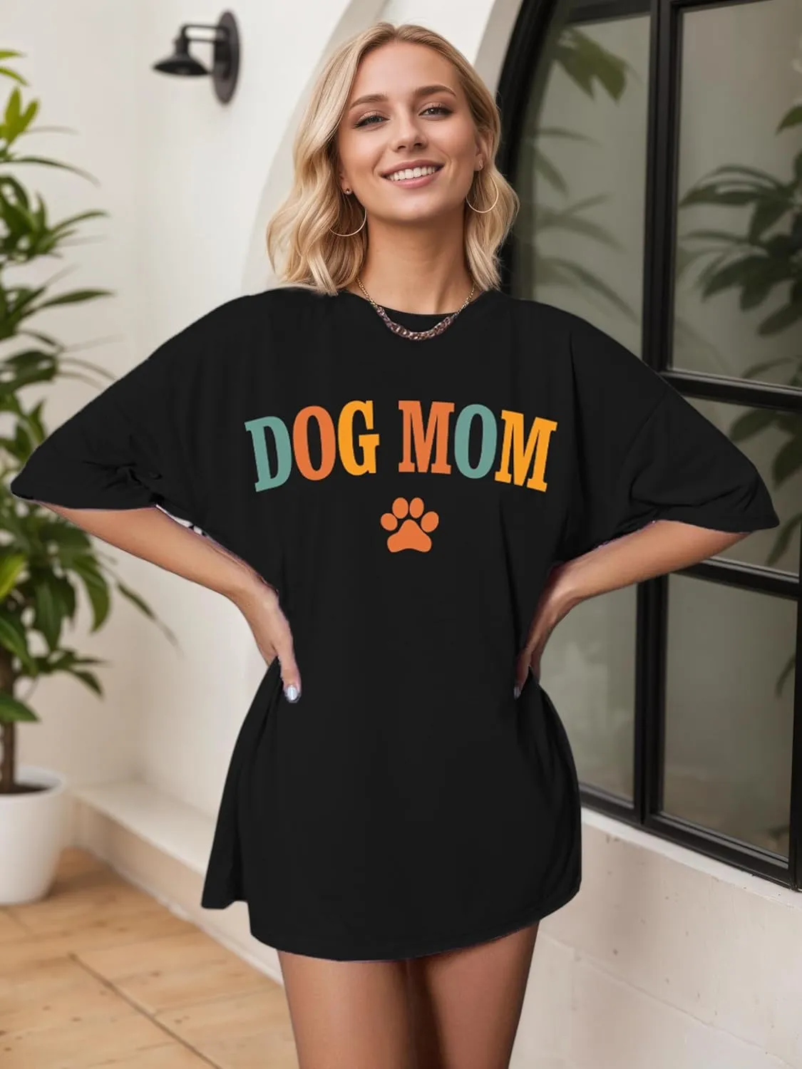 Dog Mom Shirt for Women Oversized Mama T-Shirt Funny Dog Paw Graphic Tees Casual Loose Tops