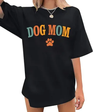 Dog Mom Shirt for Women Oversized Mama T-Shirt Funny Dog Paw Graphic Tees Casual Loose Tops