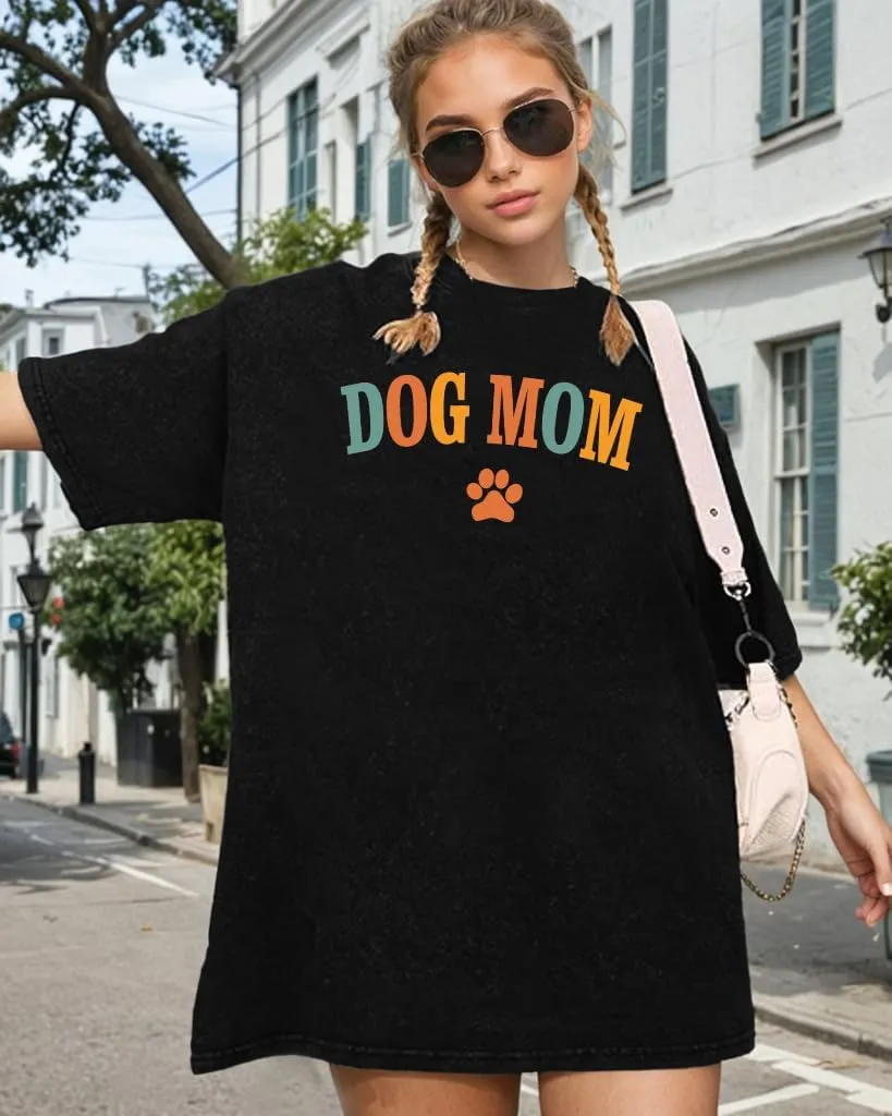 Dog Mom Shirt for Women Oversized Mama T-Shirt Funny Dog Paw Graphic Tees Casual Loose Tops