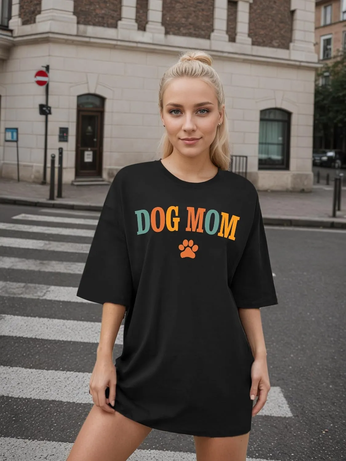 Dog Mom Shirt for Women Oversized Mama T-Shirt Funny Dog Paw Graphic Tees Casual Loose Tops