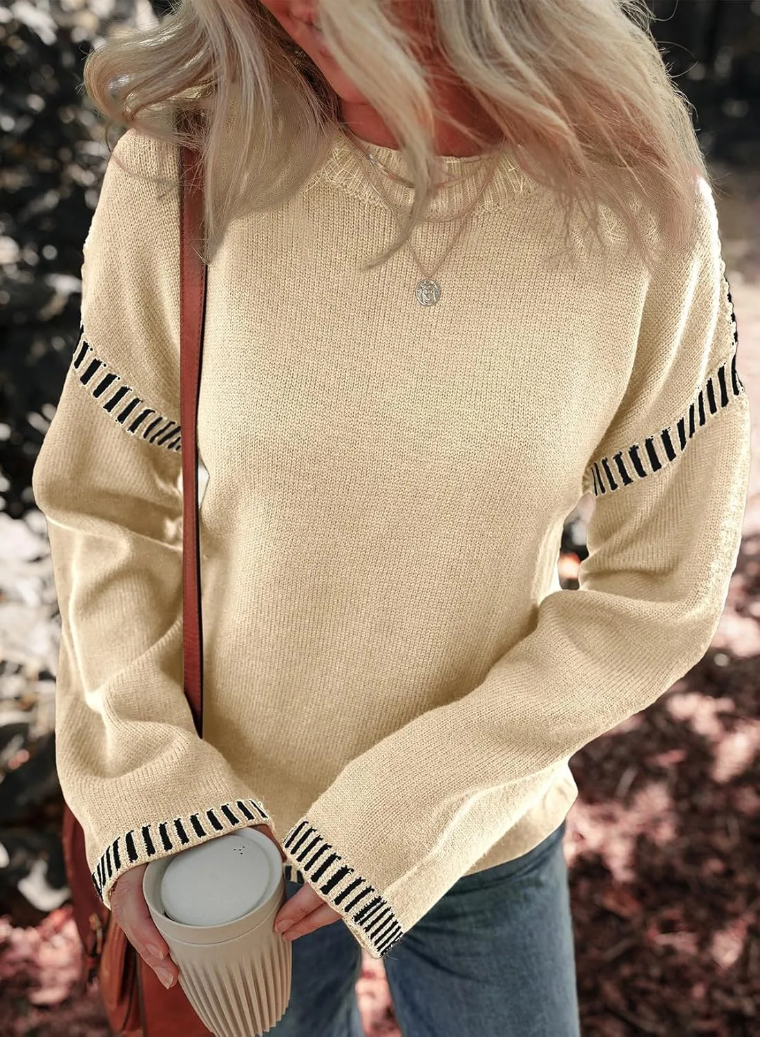 Dokotoo Sweaters for Women Fashion Solid Crewneck Loose Fit Long Sleeve Contrast Cable Knit Pullover Sweater Jumper Tops