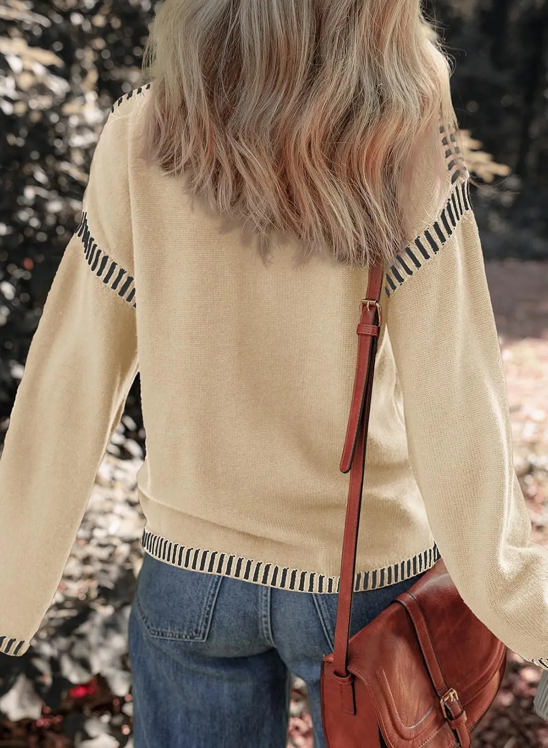 Dokotoo Sweaters for Women Fashion Solid Crewneck Loose Fit Long Sleeve Contrast Cable Knit Pullover Sweater Jumper Tops