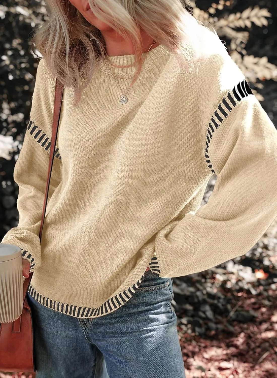 Dokotoo Sweaters for Women Fashion Solid Crewneck Loose Fit Long Sleeve Contrast Cable Knit Pullover Sweater Jumper Tops
