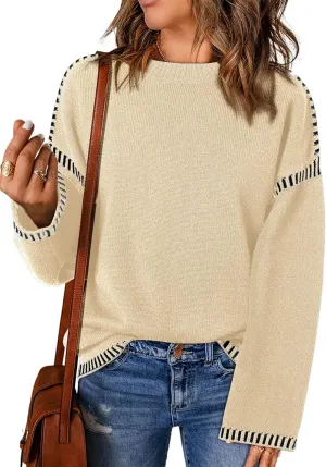 Dokotoo Sweaters for Women Fashion Solid Crewneck Loose Fit Long Sleeve Contrast Cable Knit Pullover Sweater Jumper Tops