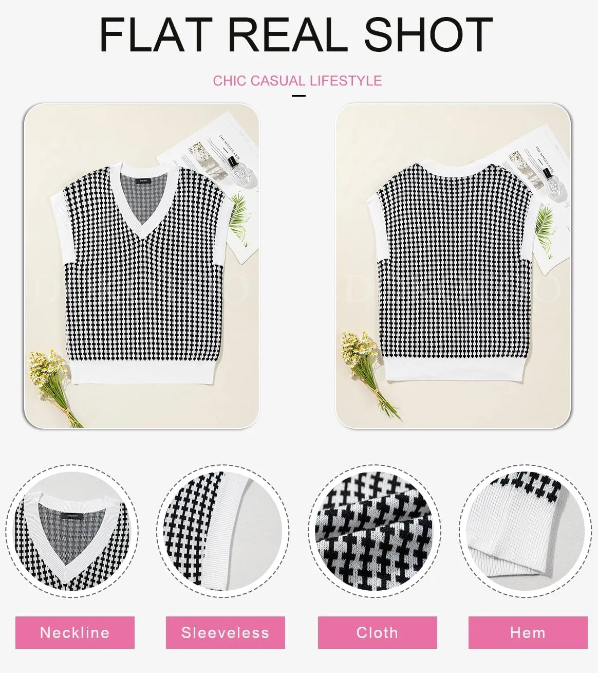 Dokotoo Womens Casual Summer Tops V Neck Short Sleeve Plaid Knit Vest Loose Fit Pullover Sweaters Blouses