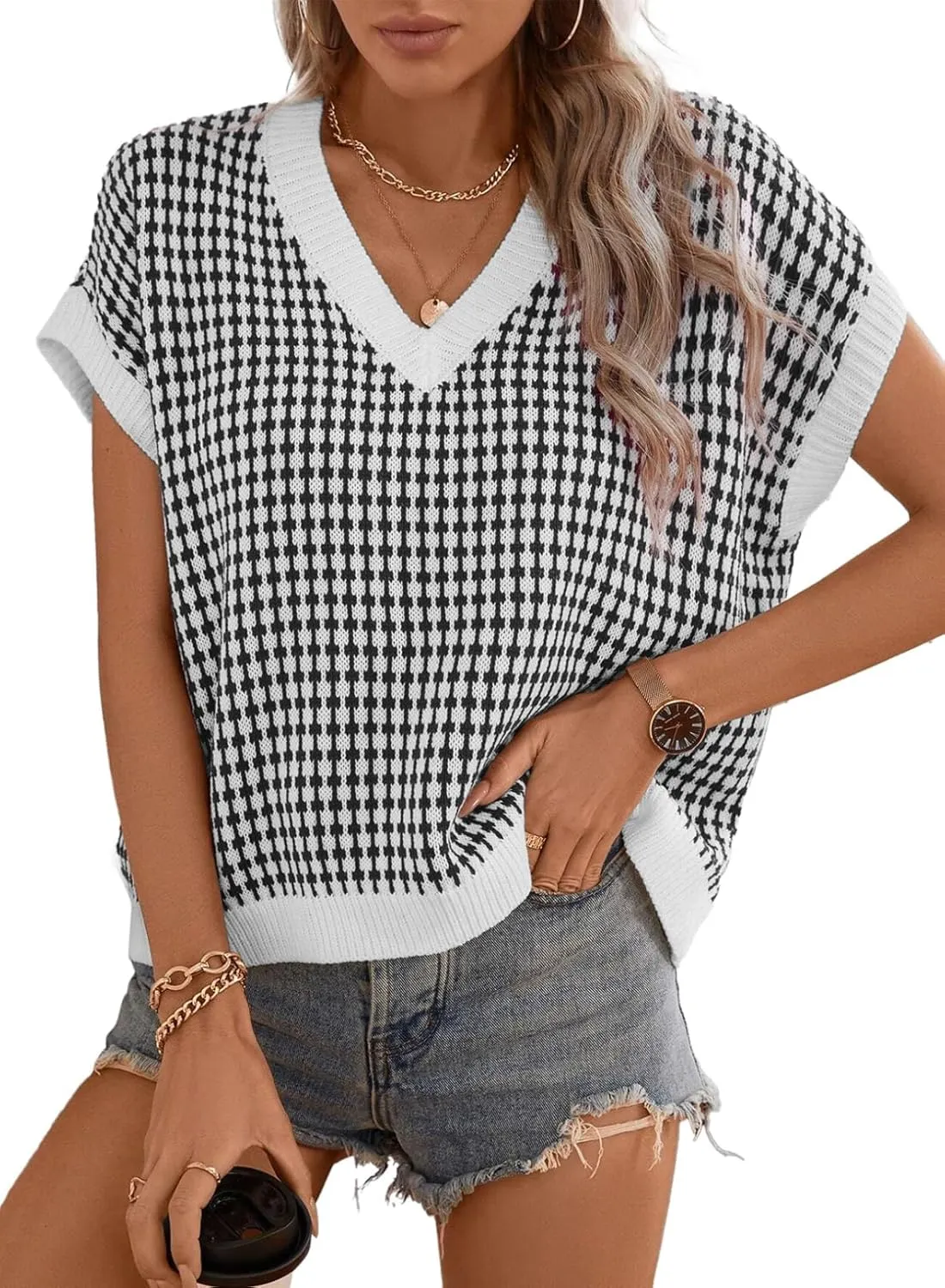 Dokotoo Womens Casual Summer Tops V Neck Short Sleeve Plaid Knit Vest Loose Fit Pullover Sweaters Blouses
