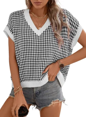 Dokotoo Womens Casual Summer Tops V Neck Short Sleeve Plaid Knit Vest Loose Fit Pullover Sweaters Blouses