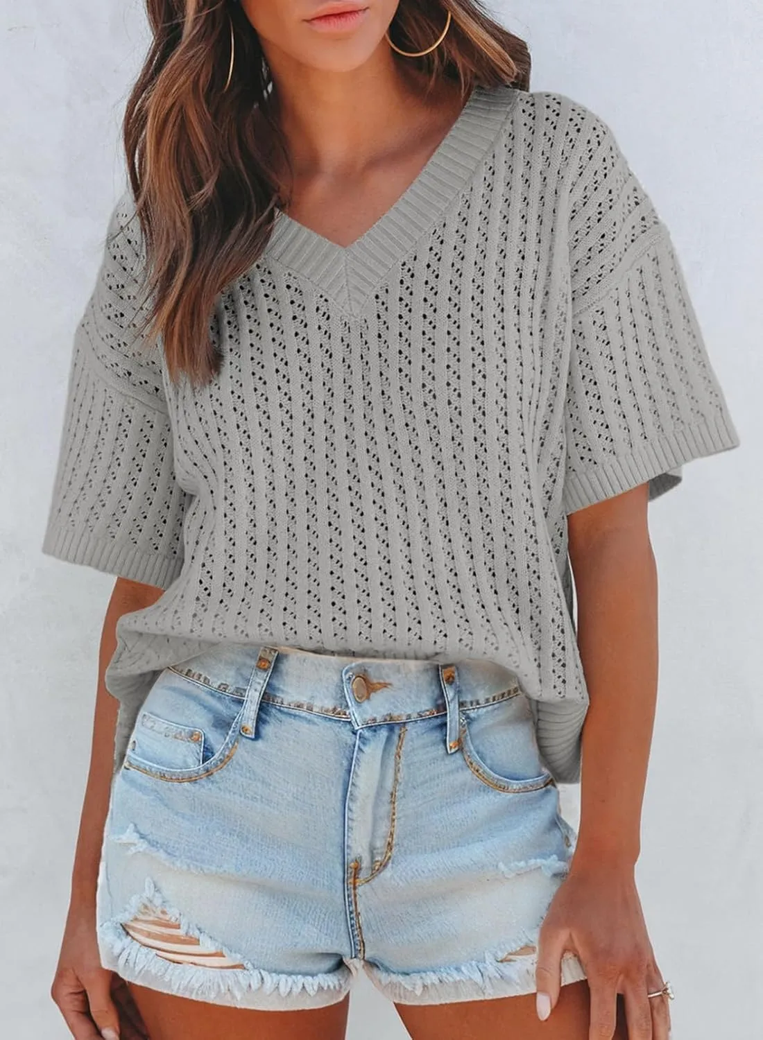 Dokotoo Womens Casual Summer Tops V Neck Short Sleeve Shirts Solid Hollow Out Lightweight Loose Fit Sweater Blouses