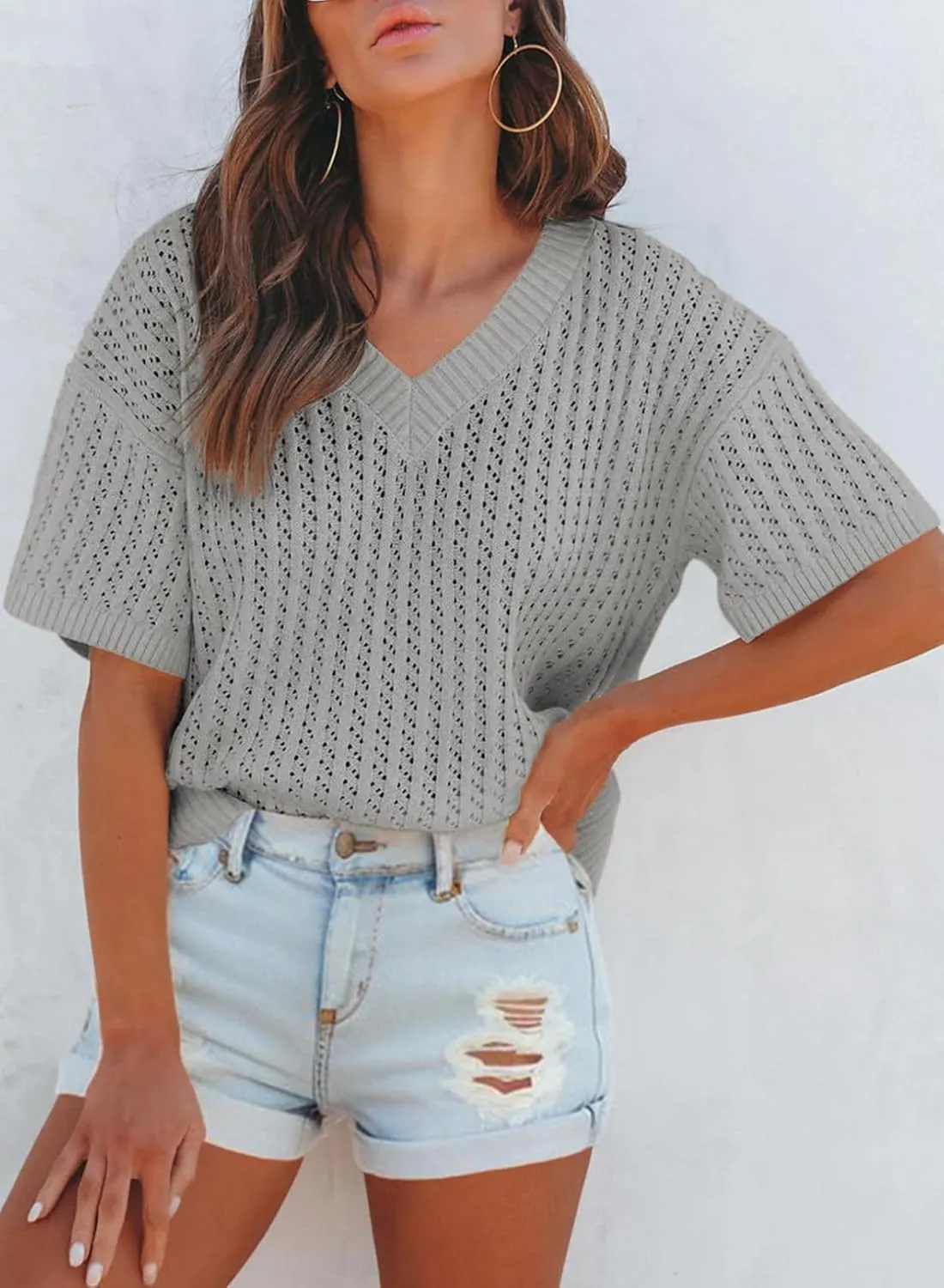 Dokotoo Womens Casual Summer Tops V Neck Short Sleeve Shirts Solid Hollow Out Lightweight Loose Fit Sweater Blouses