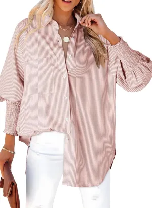 Dokotoo Womens V Neck Striped Button Down Shirts Long Sleeve Tunic Tops