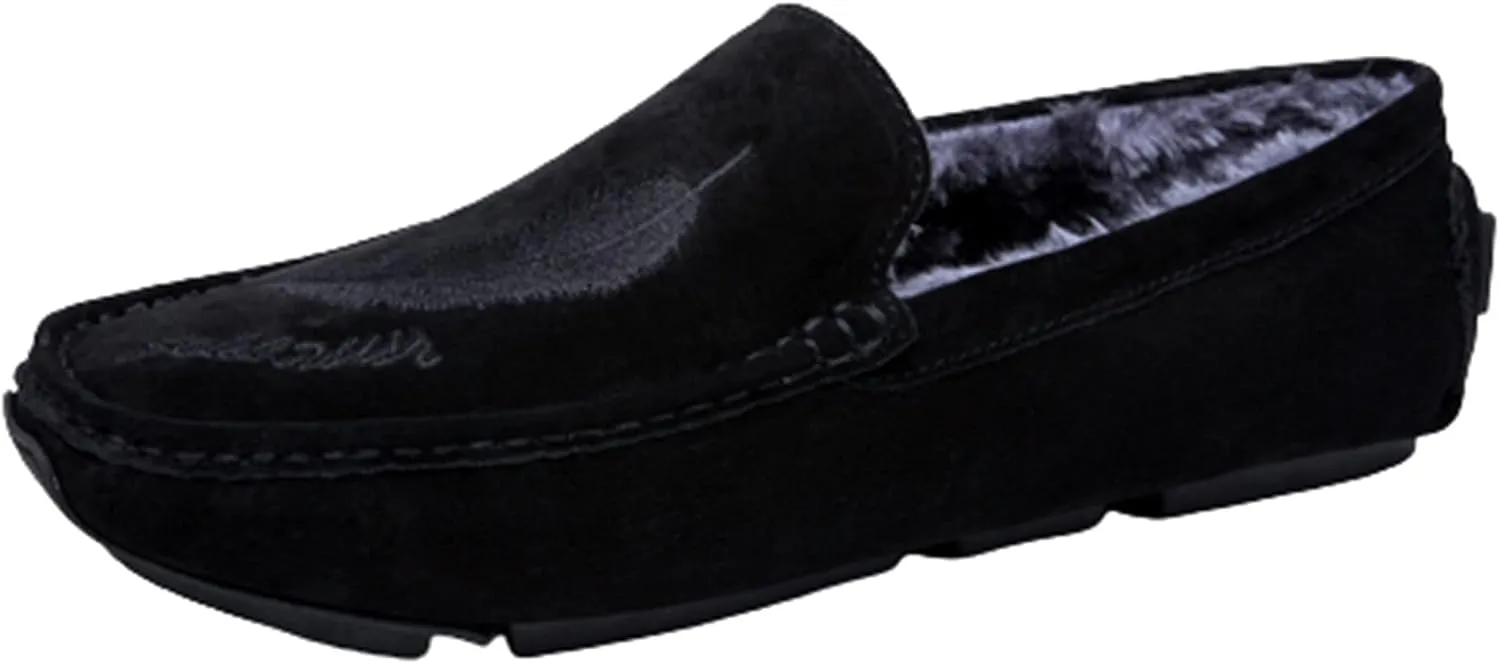 Driving Moccasins Smoking Loafer for Men Genuine Leather Round Toe Leaf Embroidery Perforated Faux Fur Lined Option Comfortable Soft Flat Heel for Any Attire