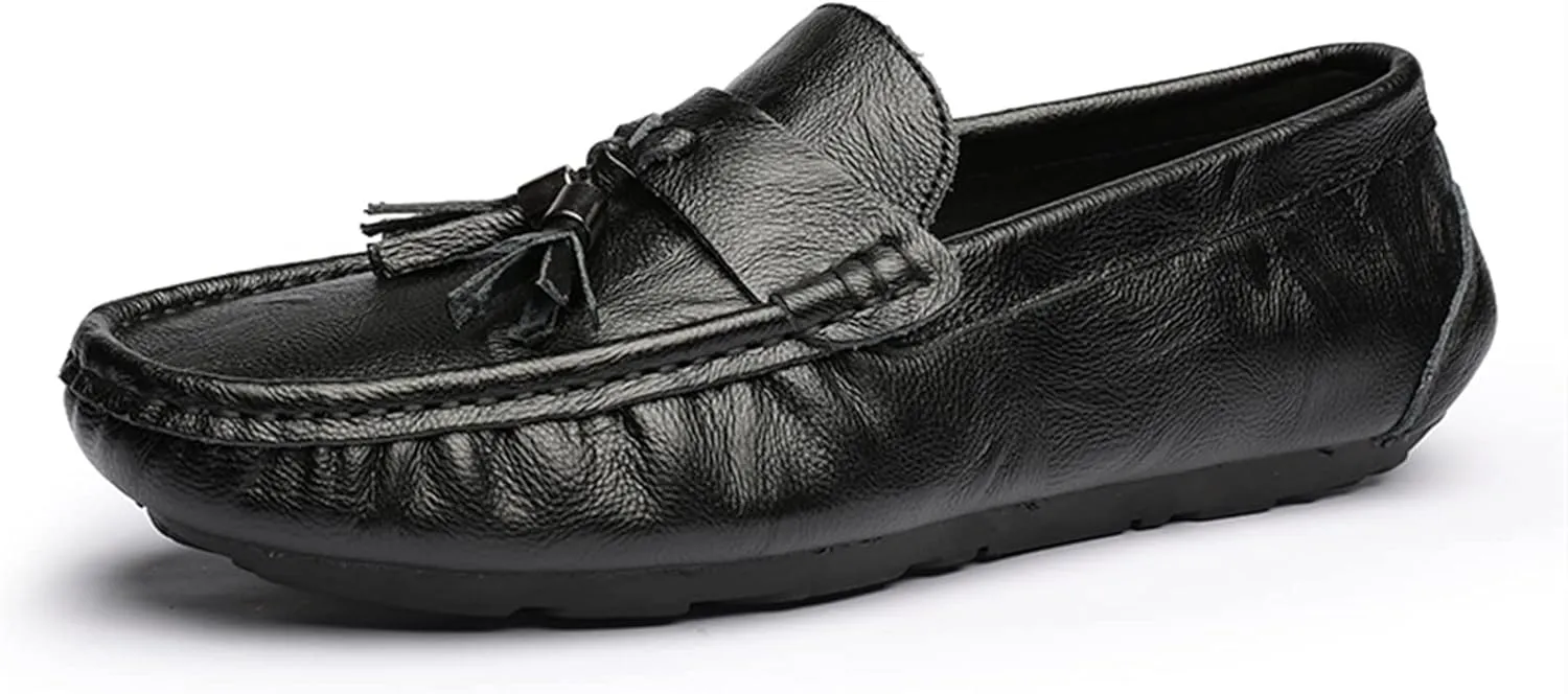 Easy to Put and Remove. Smoking Loafer Driving Moccasins for Men Genuine Leather Tassel Stitching Details Round Toe Lightweight Flexible Anti-Slip Resistant Flat Heel for All Occasions