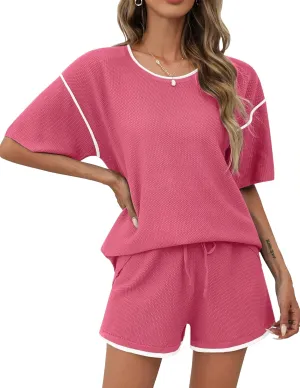 Ekouaer 2 Piece Sets for Women Summer Outfits Casual Short Sleeve Knit Sweater Tops Matching Shorts Tracksuit Lounge Sets