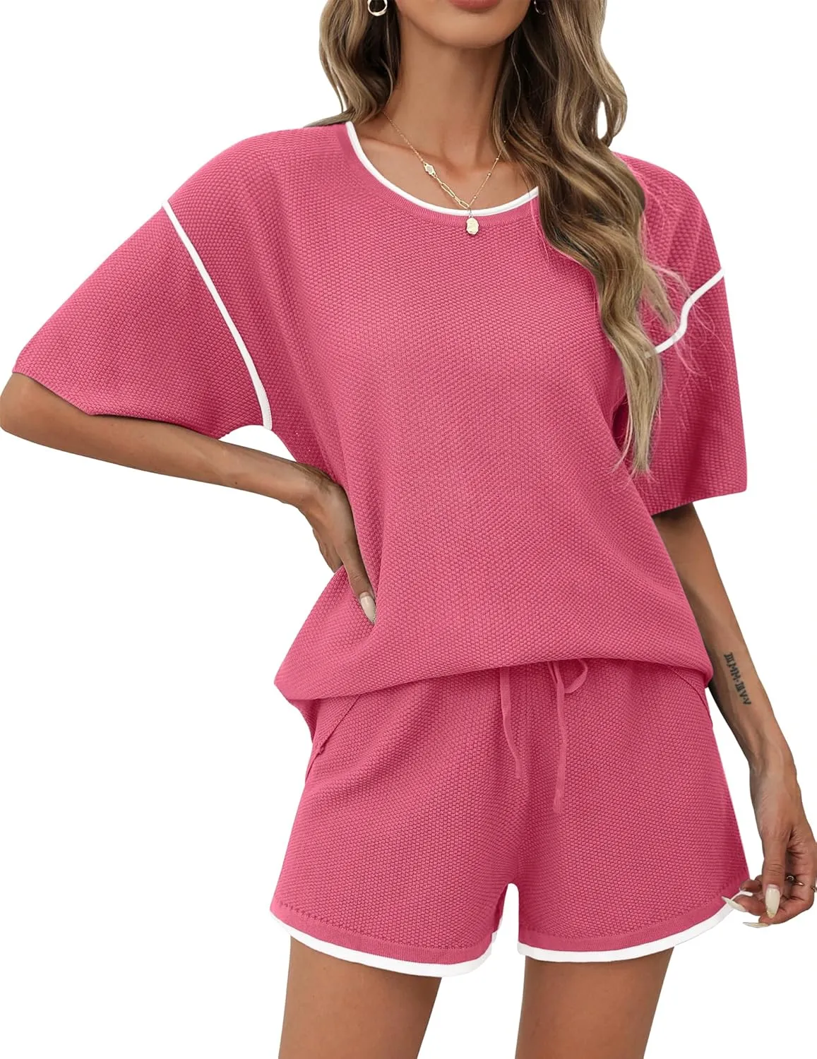 Ekouaer 2 Piece Sets for Women Summer Outfits Casual Short Sleeve Knit Sweater Tops Matching Shorts Tracksuit Lounge Sets