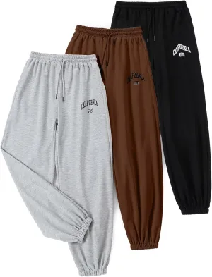 EXARUS 3 Pack Girls Sweatpants Letter Graphic Print with Pockets Sweat Pants High Waisted Cute Joggers 6-14Y