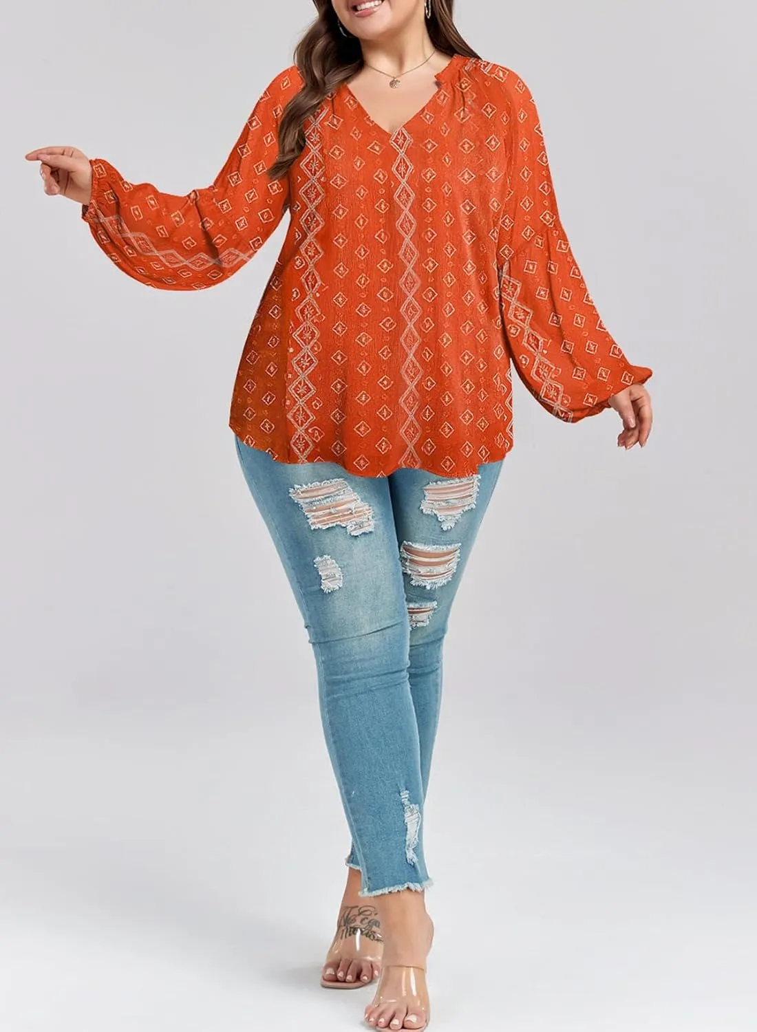Eytino Women Plus Size Tops Summer V Neck Long Sleeve Button Down Pleated Business Work Blouse Shirts(1X-5X)