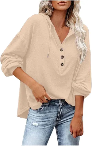 Fall Hoodies for Women Drawstring Button V Neck Long Sleeve Casual Pullover Sweatshirt Ribbed Cuff Hooded Shirts