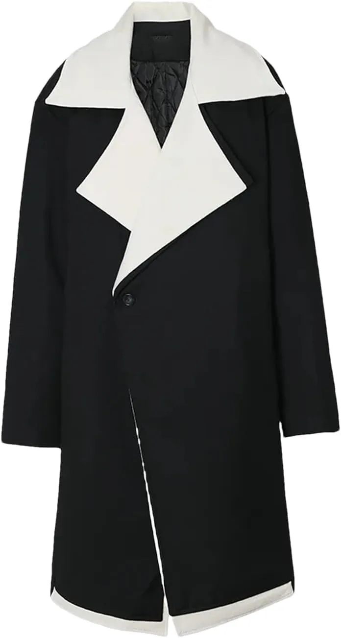 Fjnbbiot Loose Fit Belted Long Woolen Coat Parkas Notched Collar Single Breasted Wool Blend Over Pea Coat