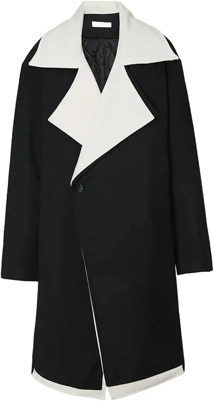 Fjnbbiot Loose Fit Belted Long Woolen Coat Parkas Notched Collar Single Breasted Wool Blend Over Pea Coat