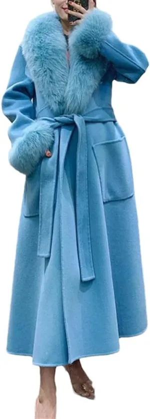Fjnbbiot Winter Jacket Women Fur Collar Long Wool Blended Warm Thick Casual Solid Color Outerwear