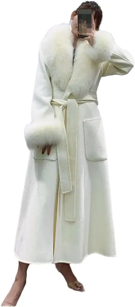Fjnbbiot Winter Jacket Women Fur Collar Long Wool Blended Warm Thick Casual Solid Color Outerwear