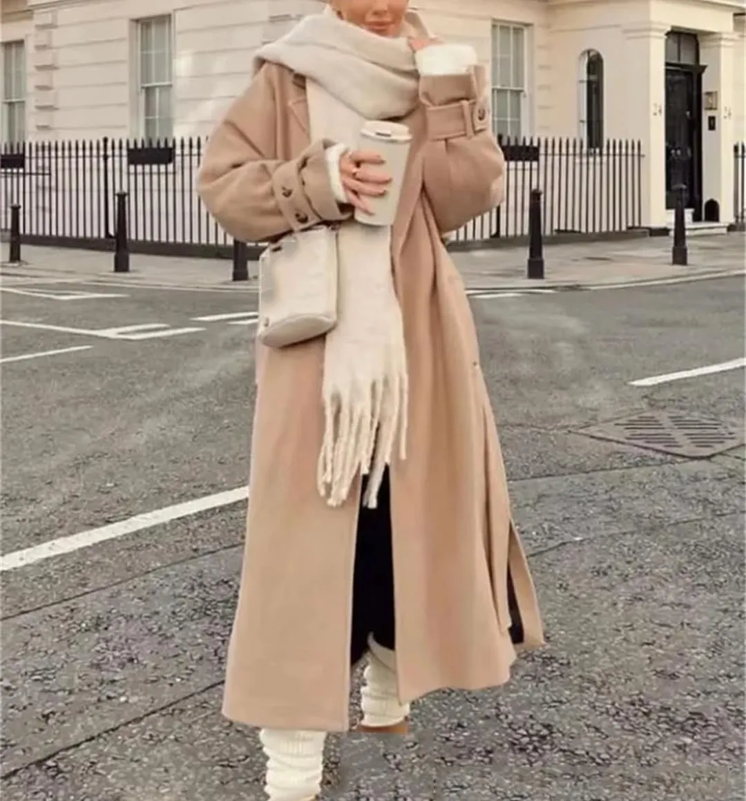 Fjnbbiot Woman Winter Elegant Long Coat Women Long Sleeve Jackets Notched Collar Wool Blend Over Pea Coat