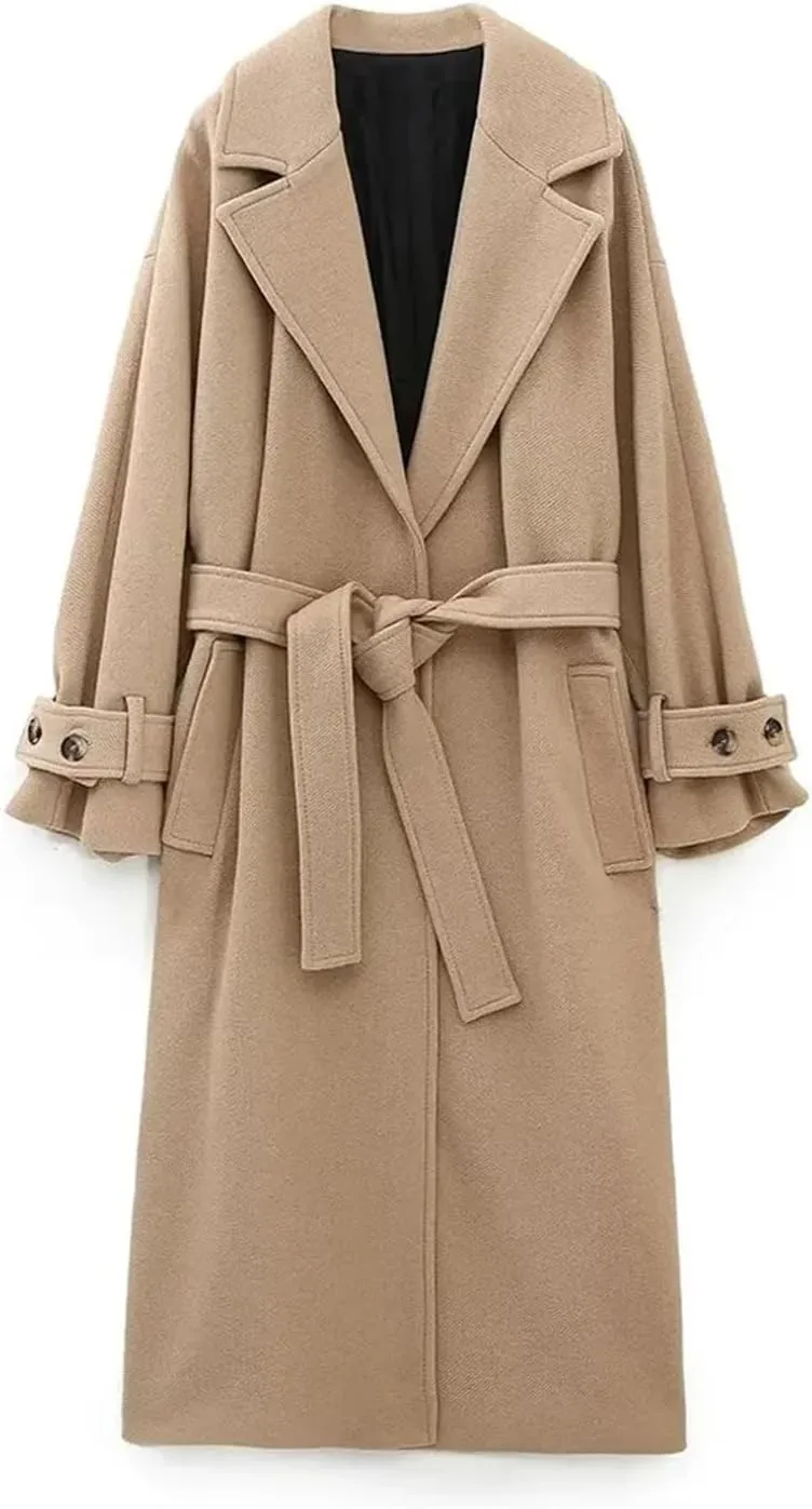 Fjnbbiot Woman Winter Elegant Long Coat Women Long Sleeve Jackets Notched Collar Wool Blend Over Pea Coat