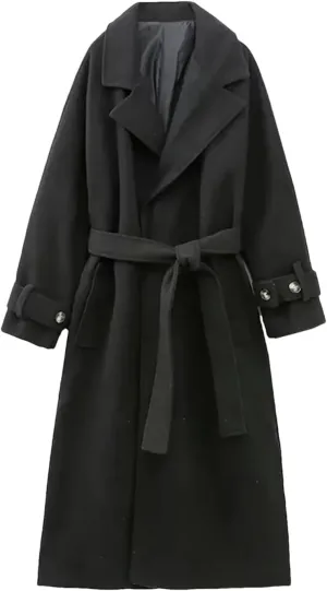 Fjnbbiot Woman Winter Elegant Long Coat Women Long Sleeve Jackets Notched Collar Wool Blend Over Pea Coat