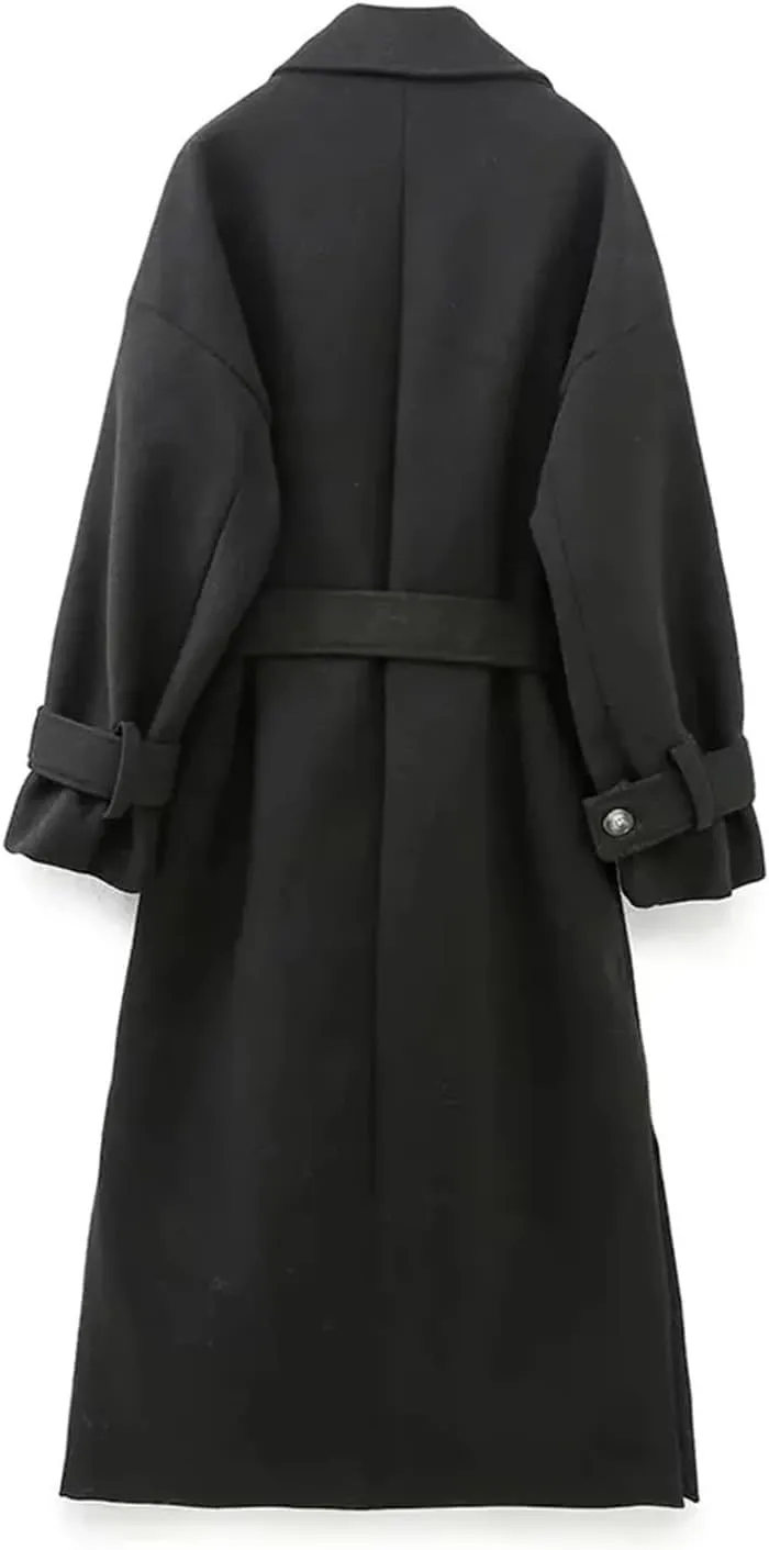 Fjnbbiot Woman Winter Elegant Long Coat Women Long Sleeve Jackets Notched Collar Wool Blend Over Pea Coat