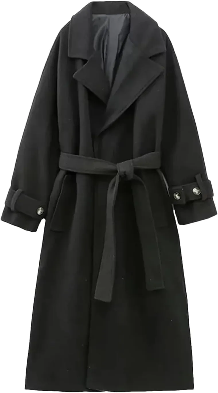 Fjnbbiot Woman Winter Elegant Long Coat Women Long Sleeve Jackets Notched Collar Wool Blend Over Pea Coat