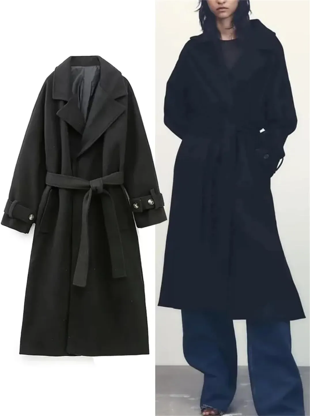 Fjnbbiot Woman Winter Elegant Long Coat Women Long Sleeve Jackets Notched Collar Wool Blend Over Pea Coat