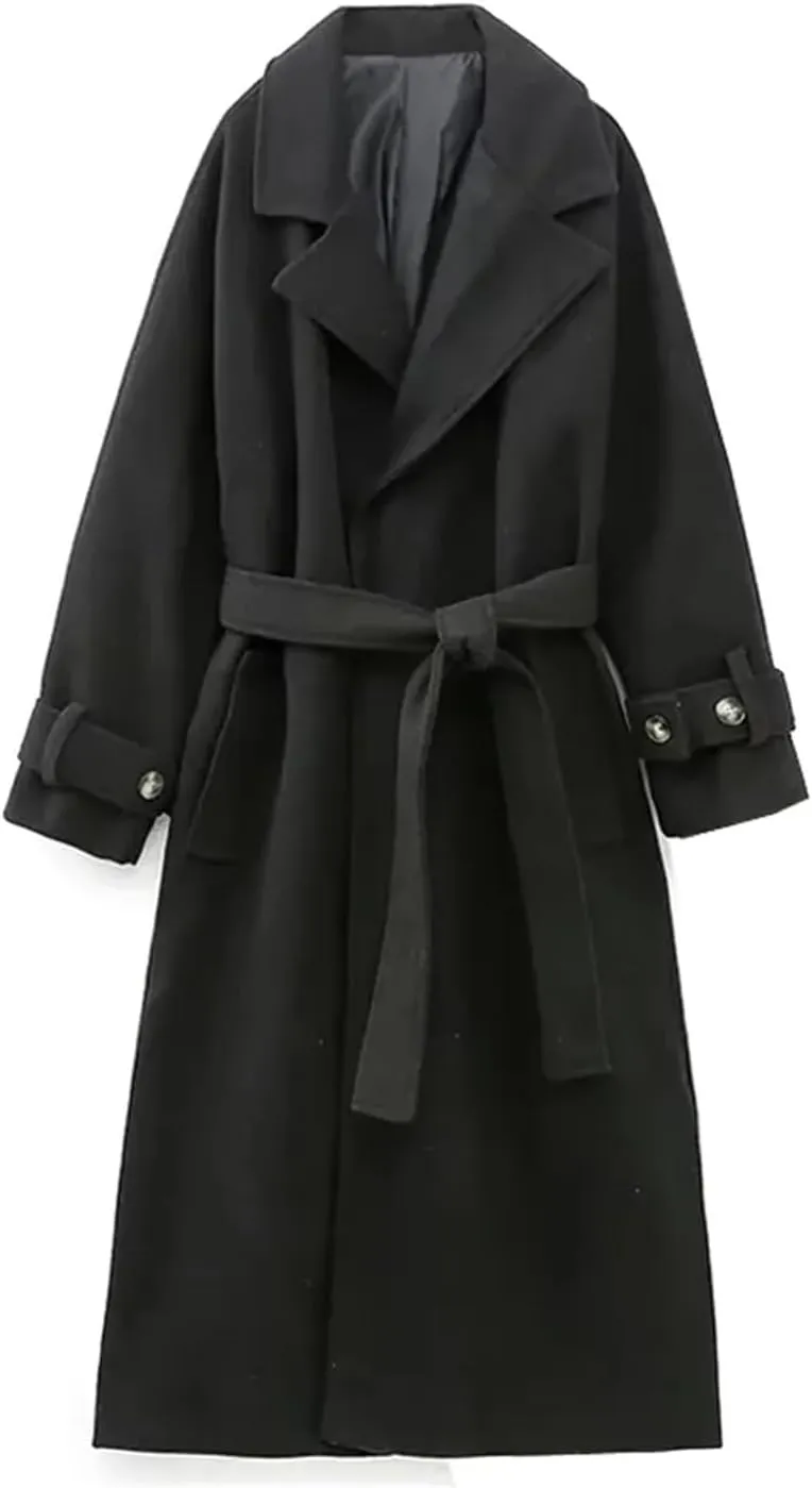 Fjnbbiot Woman Winter Elegant Long Coat Women Long Sleeve Jackets Notched Collar Wool Blend Over Pea Coat