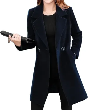 Fjnbbiot Women Wool Coat Coat Winter Elegant Notched Collar Double Breasted Wool Blend Over Solid Color Pea Coat