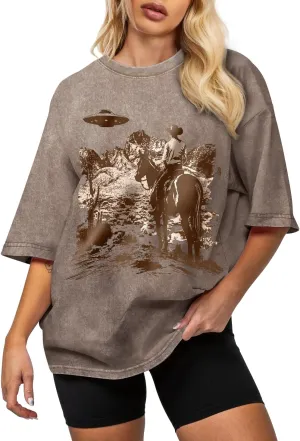 Flafens Oversized Acid Wash Vintage T Shirts for Women - Graphic Tees Womens Retro Cotton Cute Cool Loose Tshirts Teens Girls