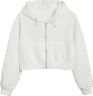 Fleece Cropped Zip Up Hoodie for Women Cute Drawstring Hooded Sweatshirts Casual Solid Crop Jacket Top with Pockets