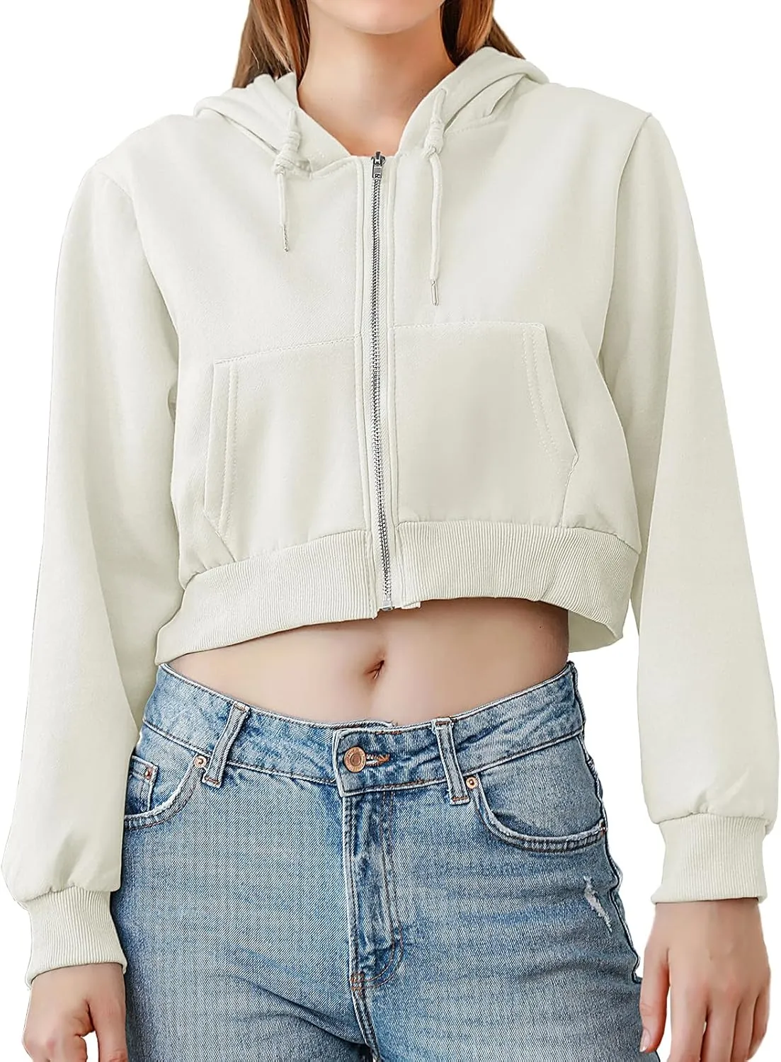 Fleece Cropped Zip Up Hoodie for Women Cute Drawstring Hooded Sweatshirts Casual Solid Crop Jacket Top with Pockets