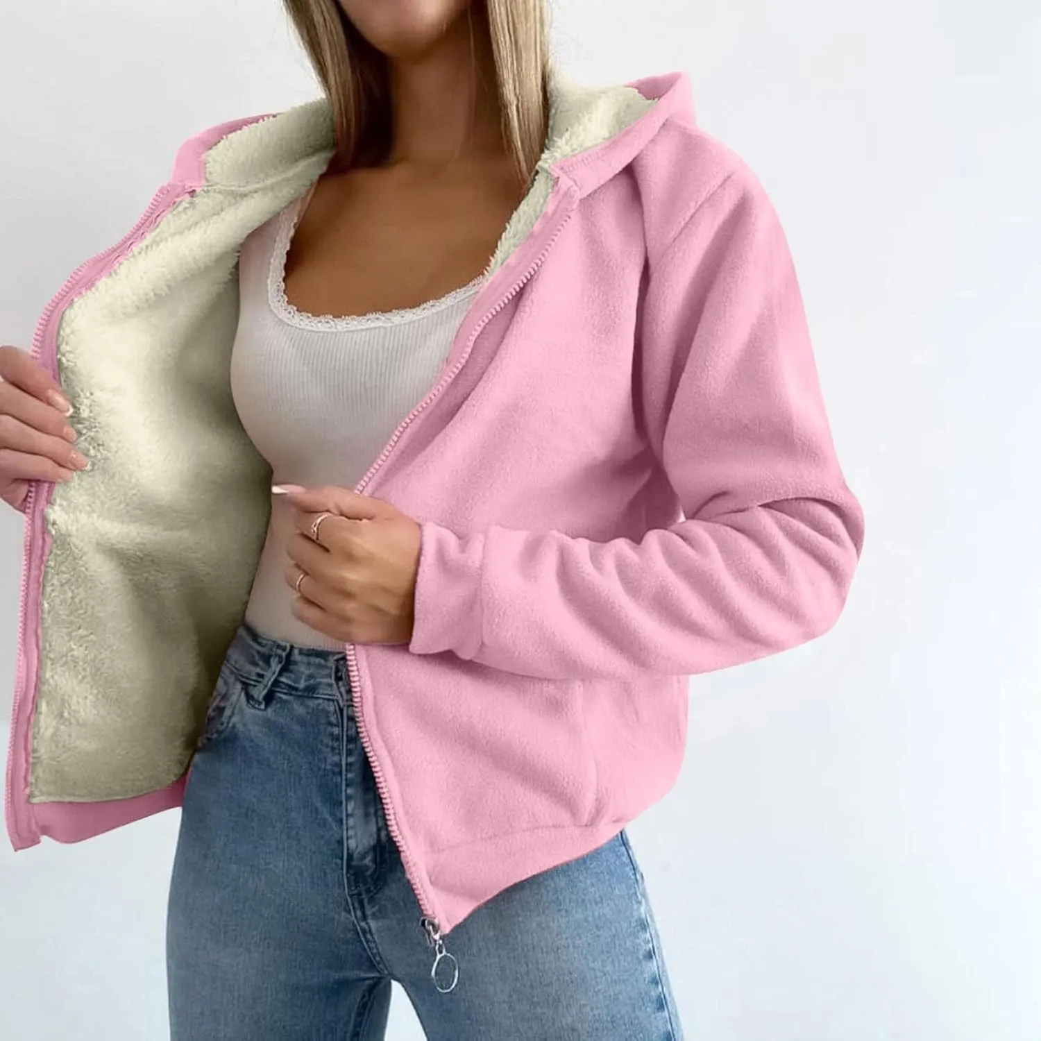 Fleece Hoodies For Women Winter Warm Sherpa Lined Hoodie Jacket Long Sleeve Full Zip Hooded Cardigan Sweatshirt