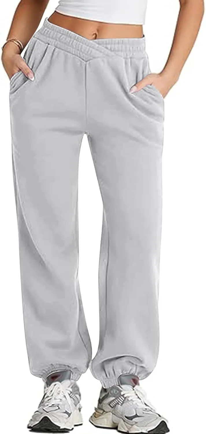 Fleece Joggers for Women Cute Y2k Baggy Sweatpants Casual Crossover High Waisted Athletic Jogger Pants with Pockets