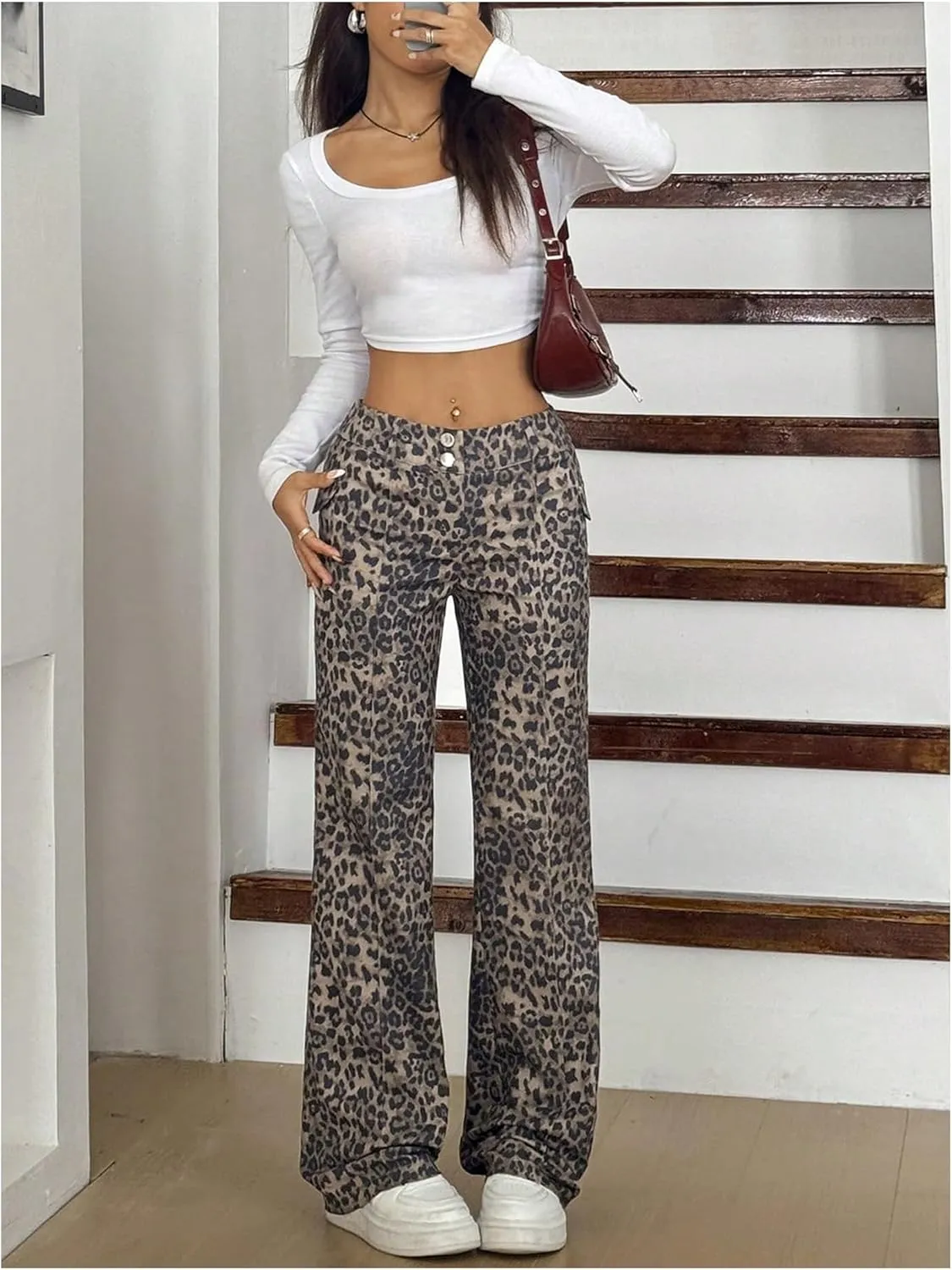 Floerns Women's Solid High Waisted Stretch Pants Straight Leg Pants with Flap Pockets