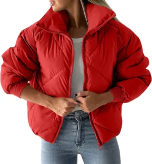 Flygo Womens Winter Crop Down Jacket Zipper Quilted Puffer Short Coat Bubble Warm Padded Outerwear