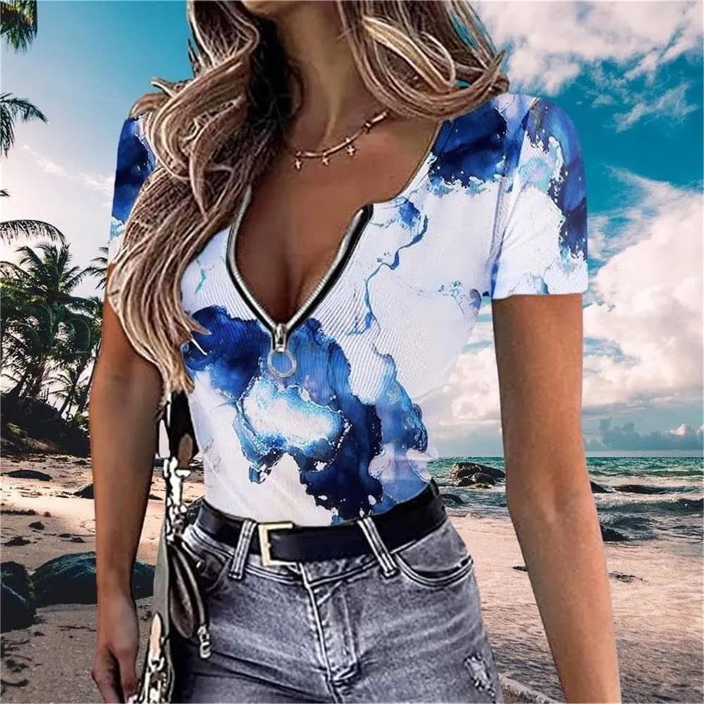Fronage Womens Summer Tops Sexy Short Sleeve Ribbed Knit V Neck Slim Fit Zip Up Henley Top Shirt Blouses