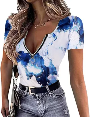 Fronage Womens Summer Tops Sexy Short Sleeve Ribbed Knit V Neck Slim Fit Zip Up Henley Top Shirt Blouses