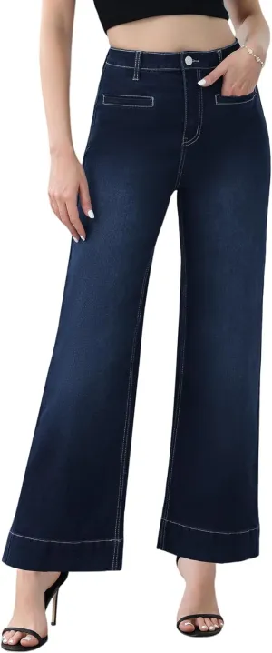 Genleck Ankle Wide Leg Jeans for Women High Waisted Boyfriend Stretchy Straight Trousers Pants with Pockets Trendy