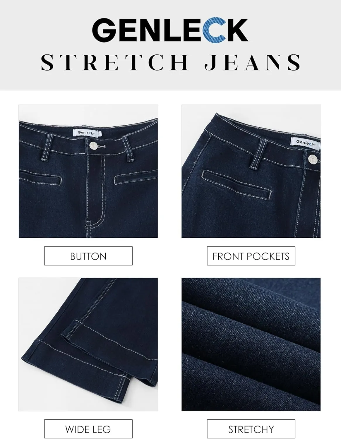 Genleck Ankle Wide Leg Jeans for Women High Waisted Boyfriend Stretchy Straight Trousers Pants with Pockets Trendy
